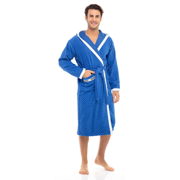 Medium Blue White Striped Men's Bathrobe Lightweight Soft 100% Cotton Spa Robe